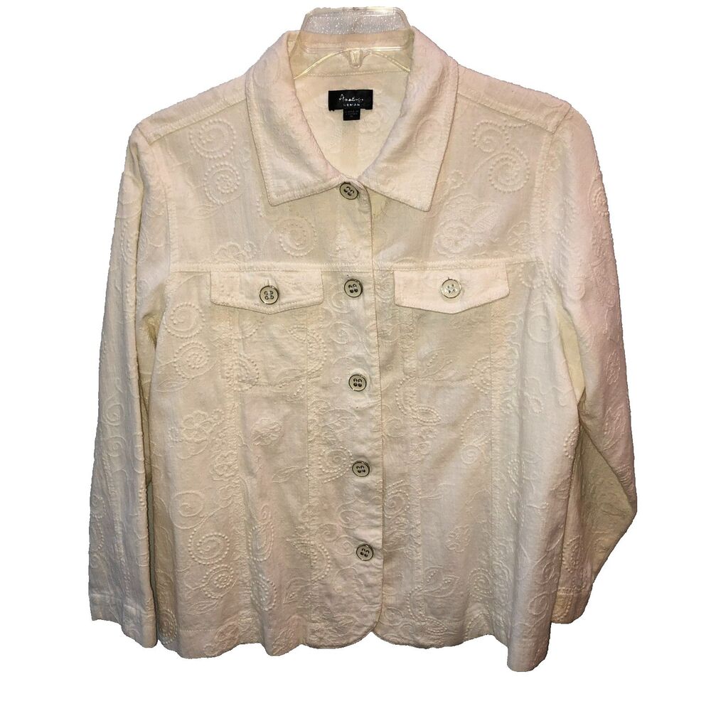 Analogy Womens 1X Jacket Cream Embroidered Jean Style Cotton Western Office
